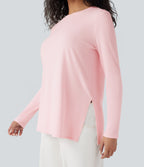 Ribbed Knit Long Sleeve Split Hem Casual T-Shirt — Rose Haze Pink — view 4