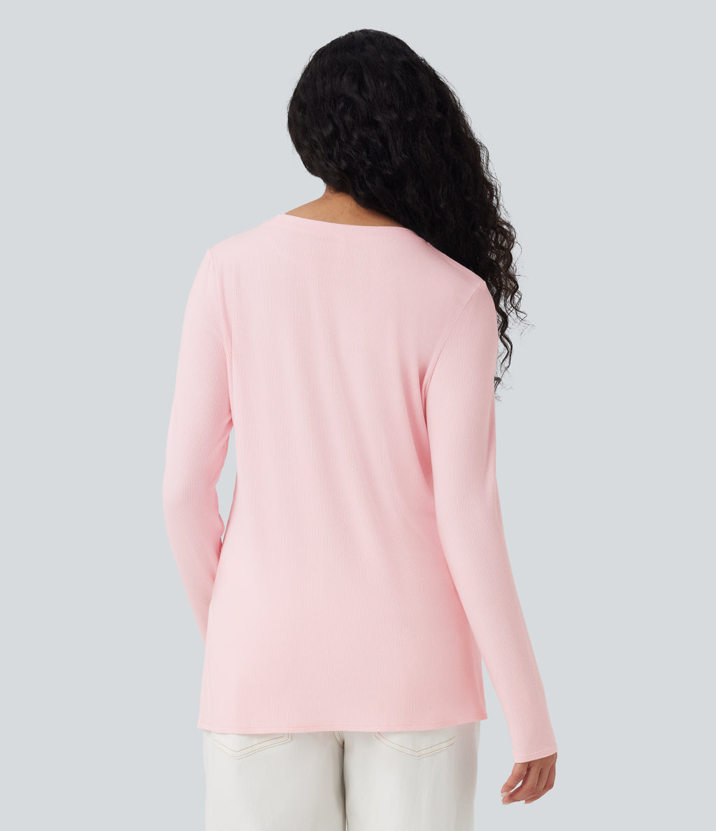 Ribbed Knit Long Sleeve Split Hem Casual T-Shirt — Rose Haze Pink — view 2