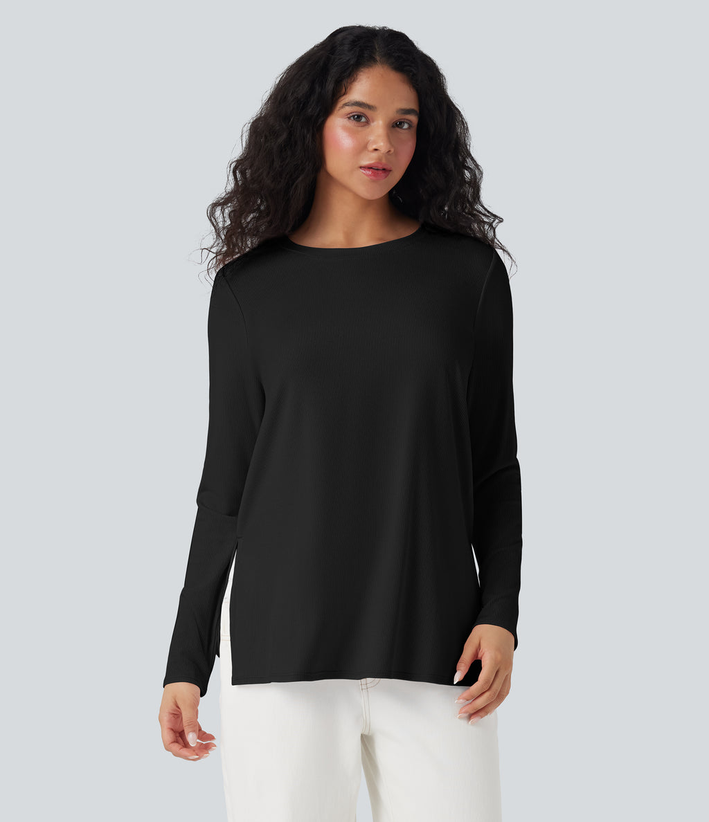 Ribbed Knit Long Sleeve Split Hem Casual T-Shirt — Black — view 6