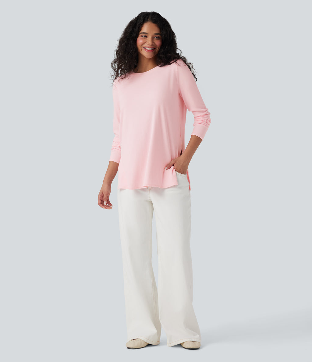 Ribbed Knit Long Sleeve Split Hem Casual T-Shirt — Rose Haze Pink — view 5