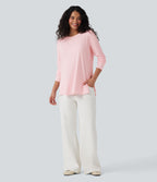 Ribbed Knit Long Sleeve Split Hem Casual T-Shirt — Rose Haze Pink — view 5