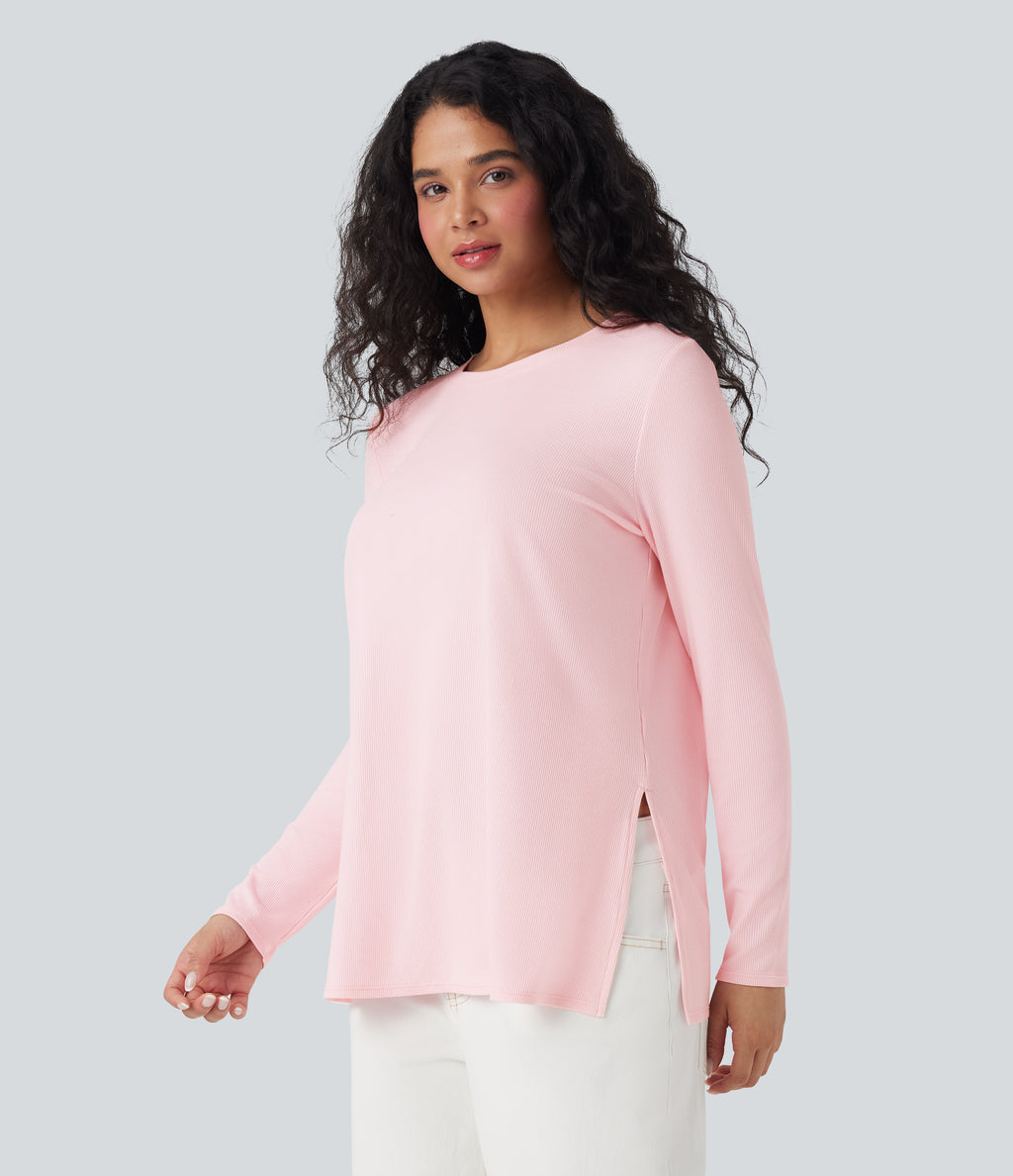 Ribbed Knit Long Sleeve Split Hem Casual T-Shirt — Rose Haze Pink — view 1