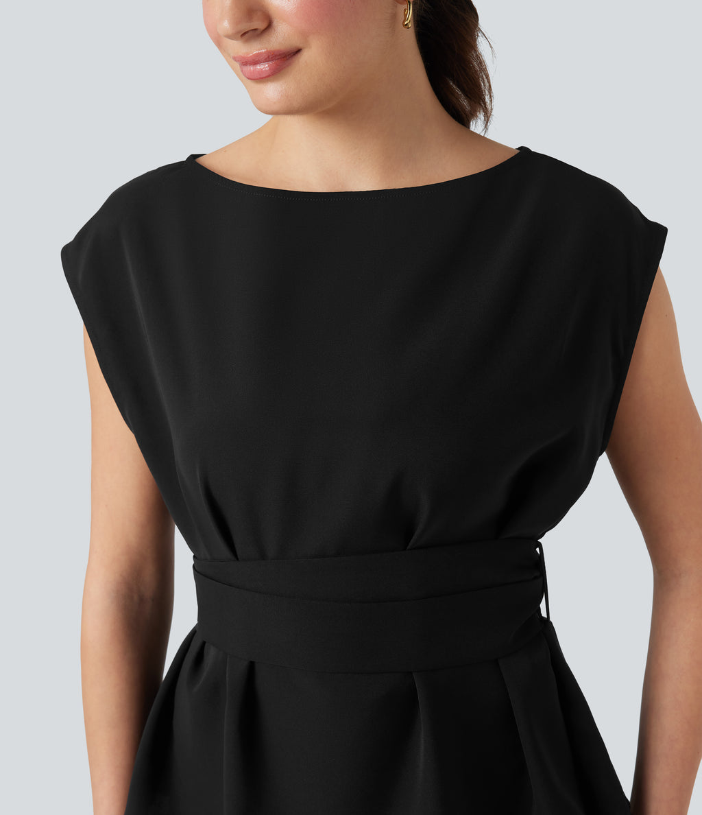 Wrinkle Recovery Boat Neck Sleeveless Tie Back Work Blouse — Black — view 4