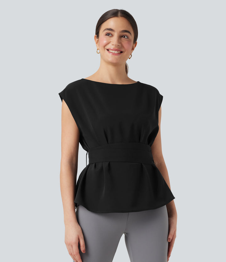 Wrinkle Recovery Boat Neck Sleeveless Tie Back Work Blouse — Black — view 1