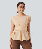Wrinkle Recovery Boat Neck Sleeveless Tie Back Work Blouse — Gray Sand — view 7