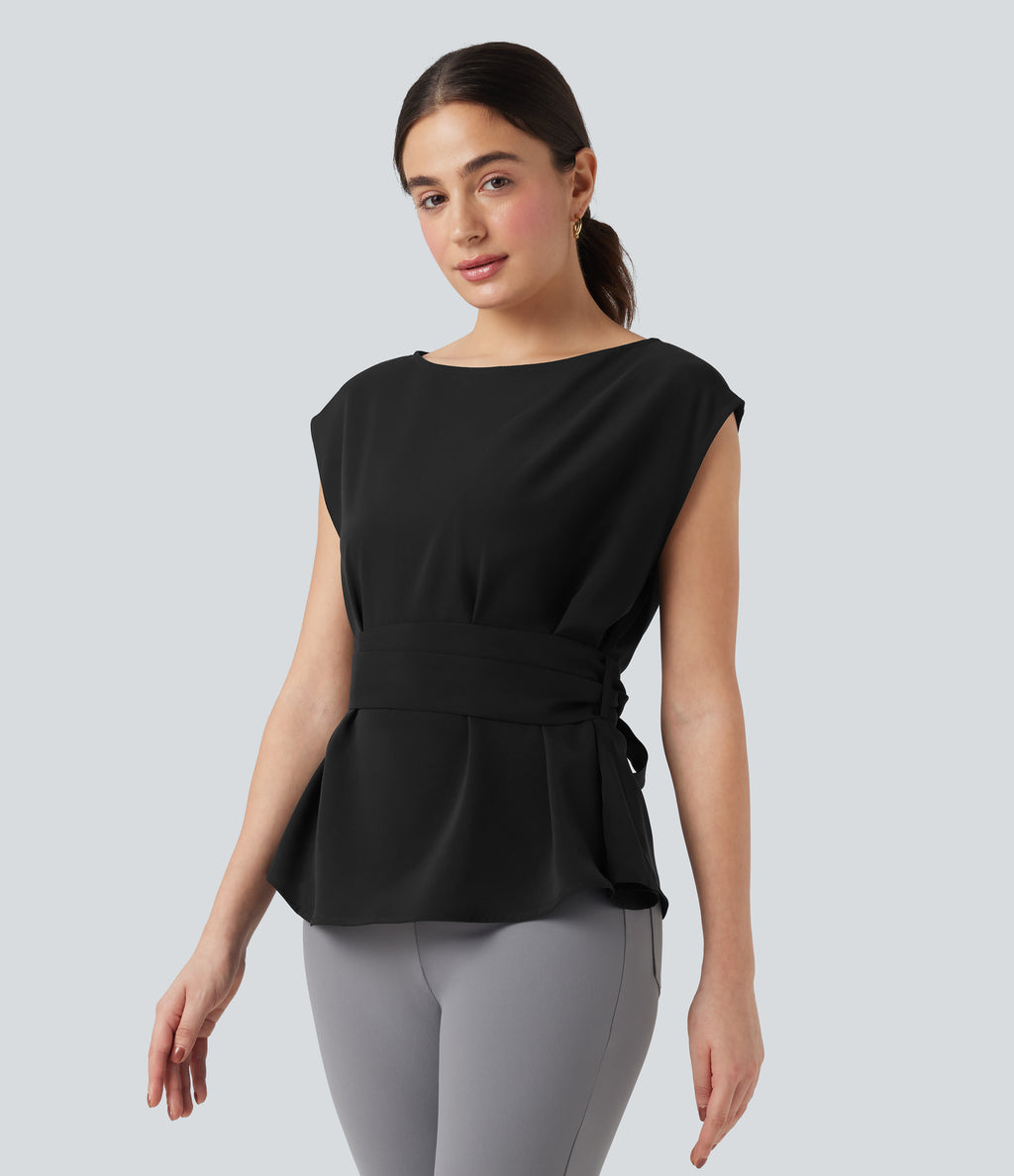 Wrinkle Recovery Boat Neck Sleeveless Tie Back Work Blouse — Black — view 3