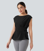 Wrinkle Recovery Boat Neck Sleeveless Tie Back Work Blouse — Black — view 3