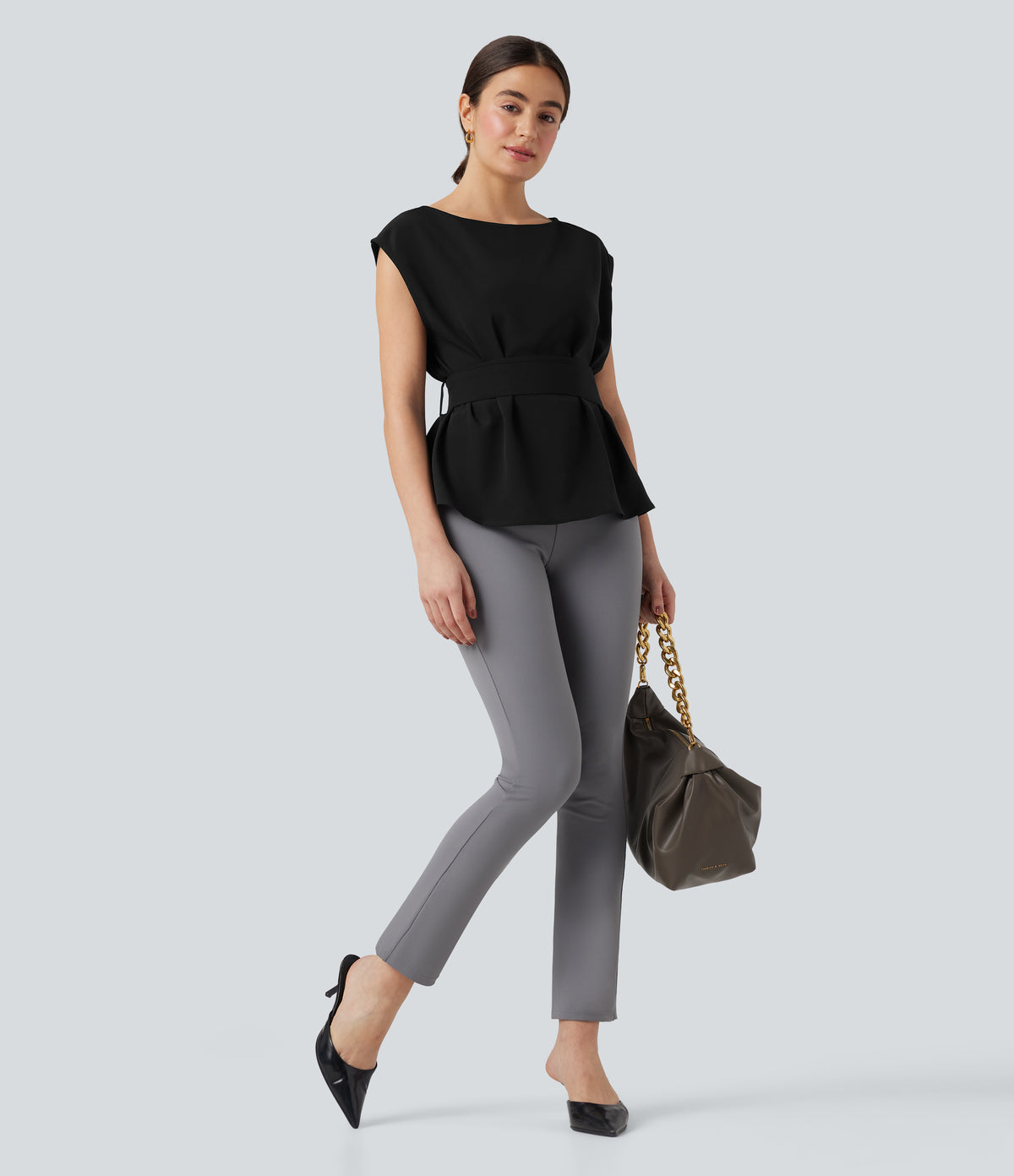 Wrinkle Recovery Boat Neck Sleeveless Tie Back Work Blouse — Black — view 6