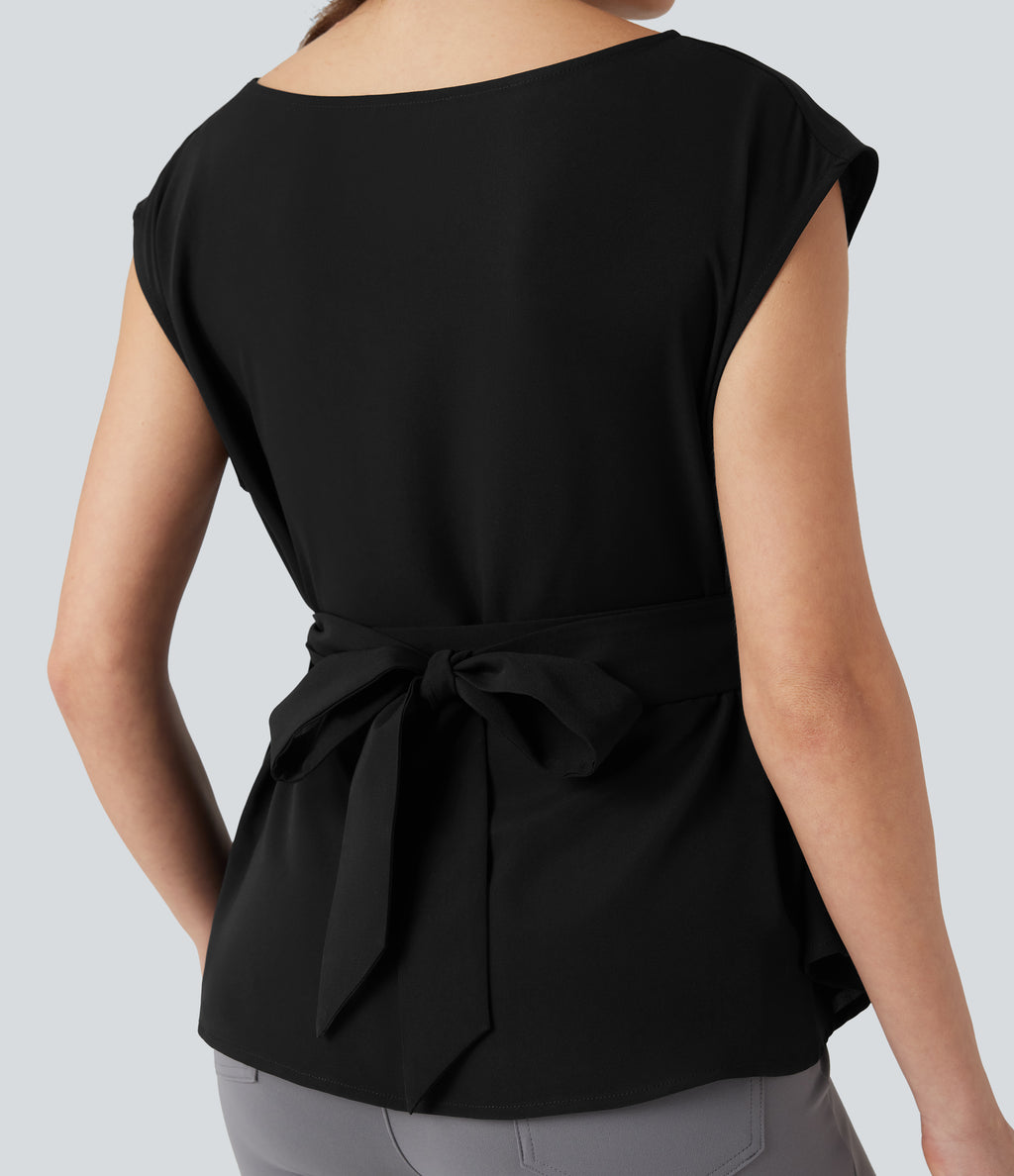 Wrinkle Recovery Boat Neck Sleeveless Tie Back Work Blouse — Black — view 5