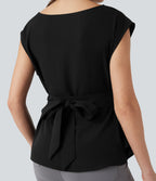 Wrinkle Recovery Boat Neck Sleeveless Tie Back Work Blouse — Black — view 5
