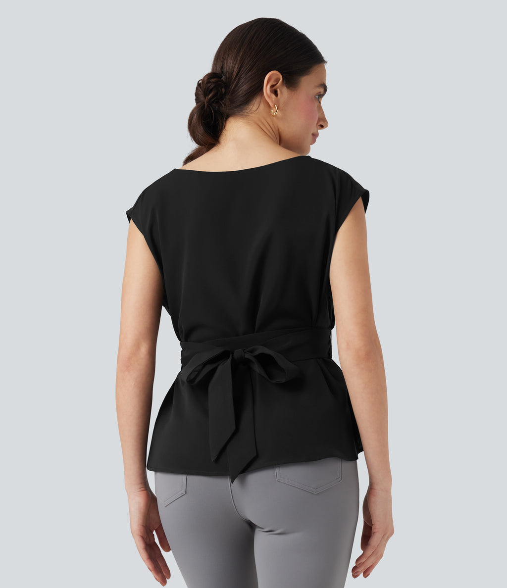 Wrinkle Recovery Boat Neck Sleeveless Tie Back Work Blouse — Black — view 2