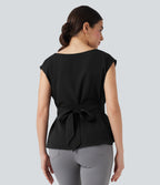 Wrinkle Recovery Boat Neck Sleeveless Tie Back Work Blouse — Black — view 2