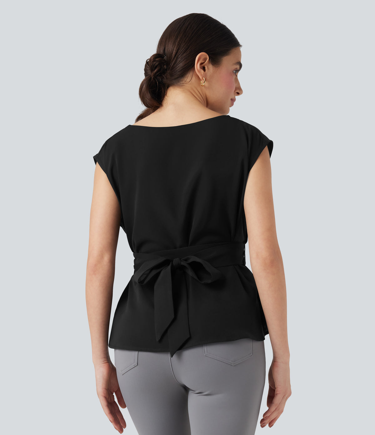 Wrinkle Recovery Boat Neck Sleeveless Tie Back Work Blouse — Black — view 2
