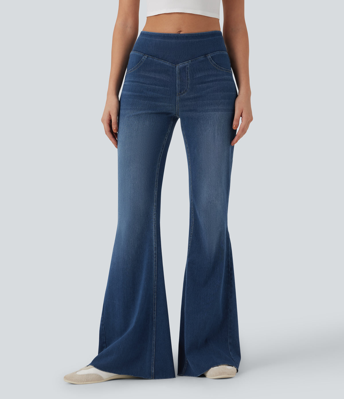 Mid Rise Casual Flared Jeans with Pockets — Estate Blue Denim — view 1