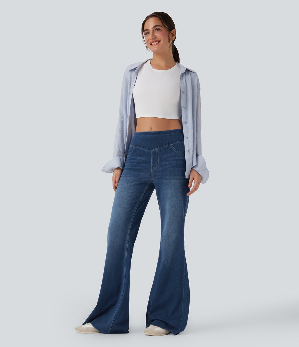 Mid Rise Casual Flared Jeans with Pockets — Estate Blue Denim — view 7