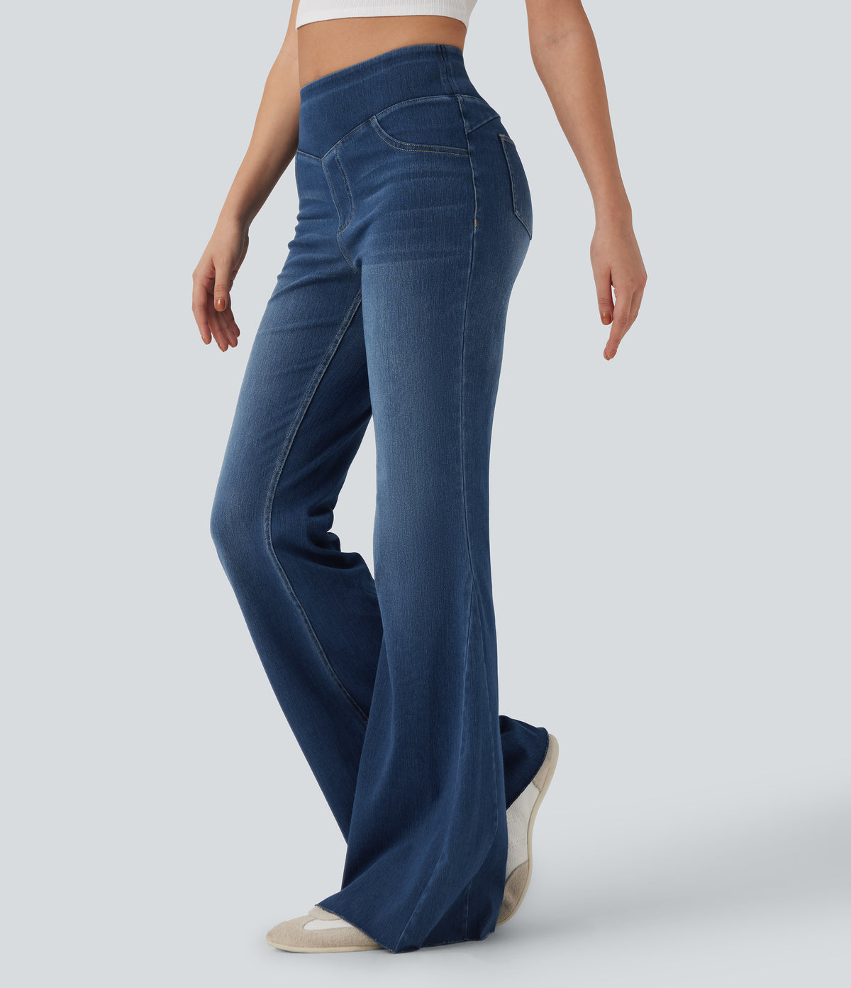 Mid Rise Casual Flared Jeans with Pockets — Estate Blue Denim — view 3