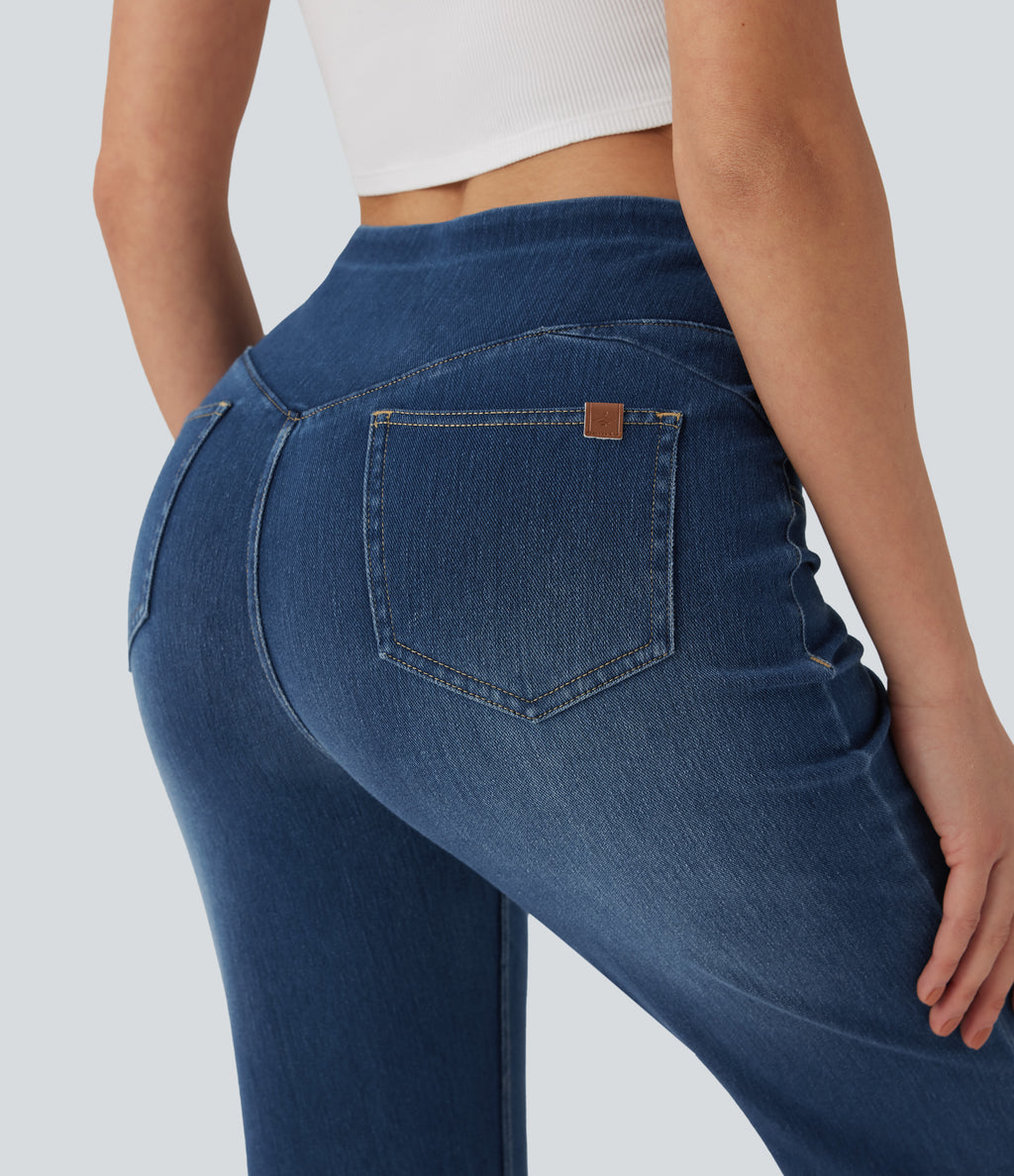 Mid Rise Casual Flared Jeans with Pockets — Estate Blue Denim — view 5