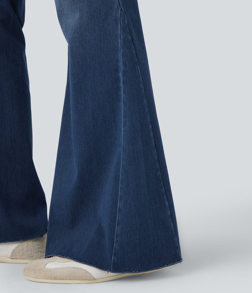 Mid Rise Casual Flared Jeans with Pockets — Estate Blue Denim — view 6