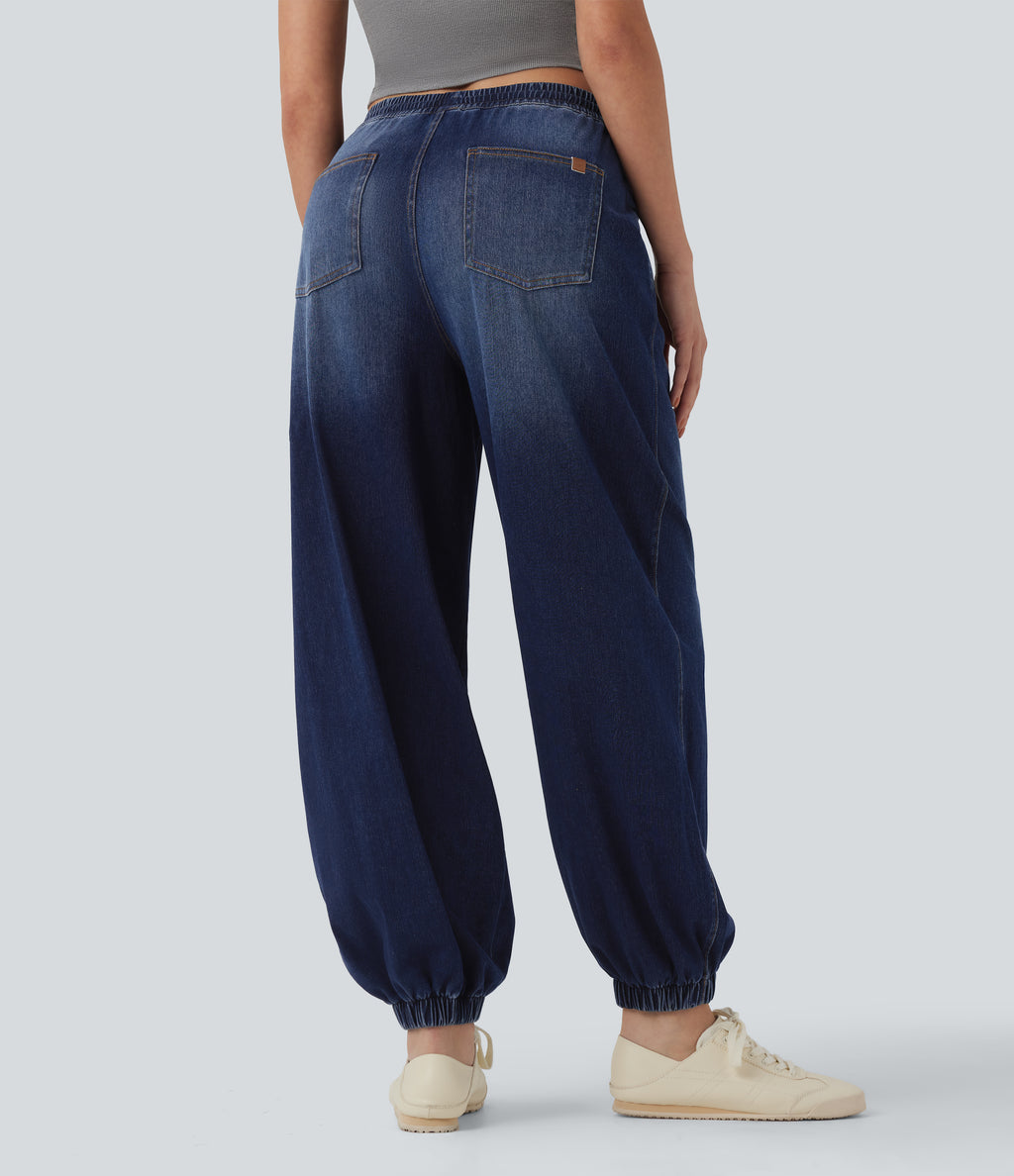 Mid Rise Drawstring Casual Jogger Jeans with Pockets — Estate Blue Denim — view 3