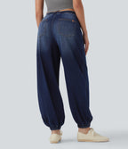 Mid Rise Drawstring Casual Jogger Jeans with Pockets — Estate Blue Denim — view 3