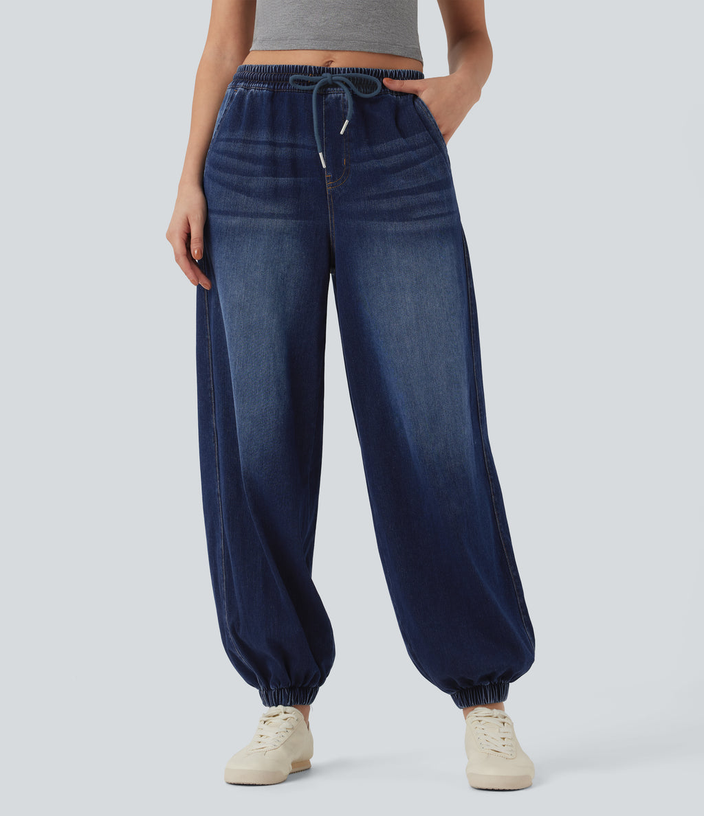 Mid Rise Drawstring Casual Jogger Jeans with Pockets — Estate Blue Denim — view 4