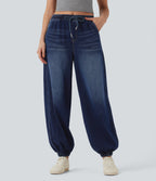 Mid Rise Drawstring Casual Jogger Jeans with Pockets — Estate Blue Denim — view 4