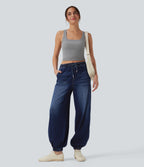 Mid Rise Drawstring Casual Jogger Jeans with Pockets — Estate Blue Denim — view 1