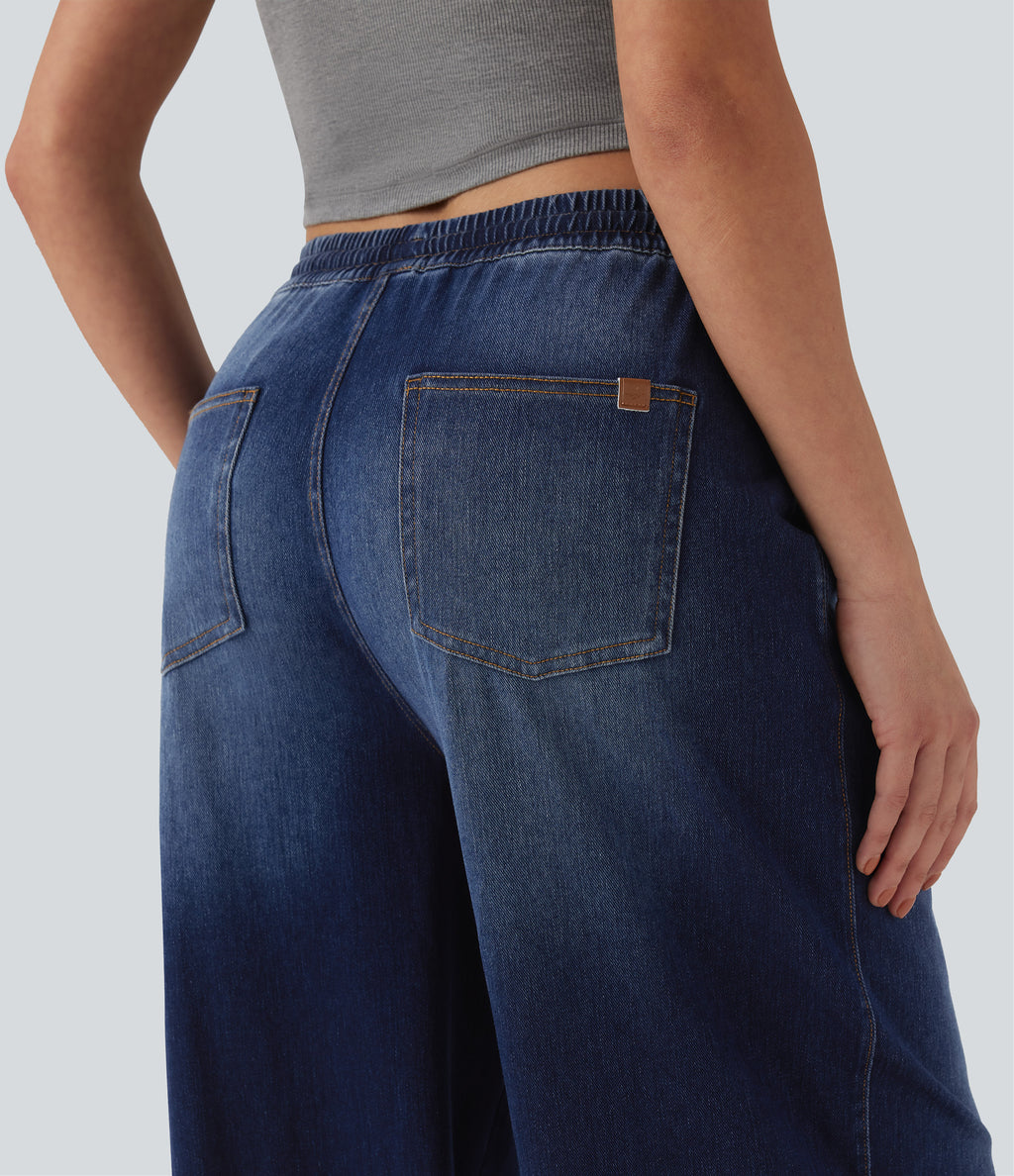 Mid Rise Drawstring Casual Jogger Jeans with Pockets — Estate Blue Denim — view 6