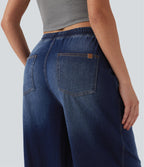 Mid Rise Drawstring Casual Jogger Jeans with Pockets — Estate Blue Denim — view 6