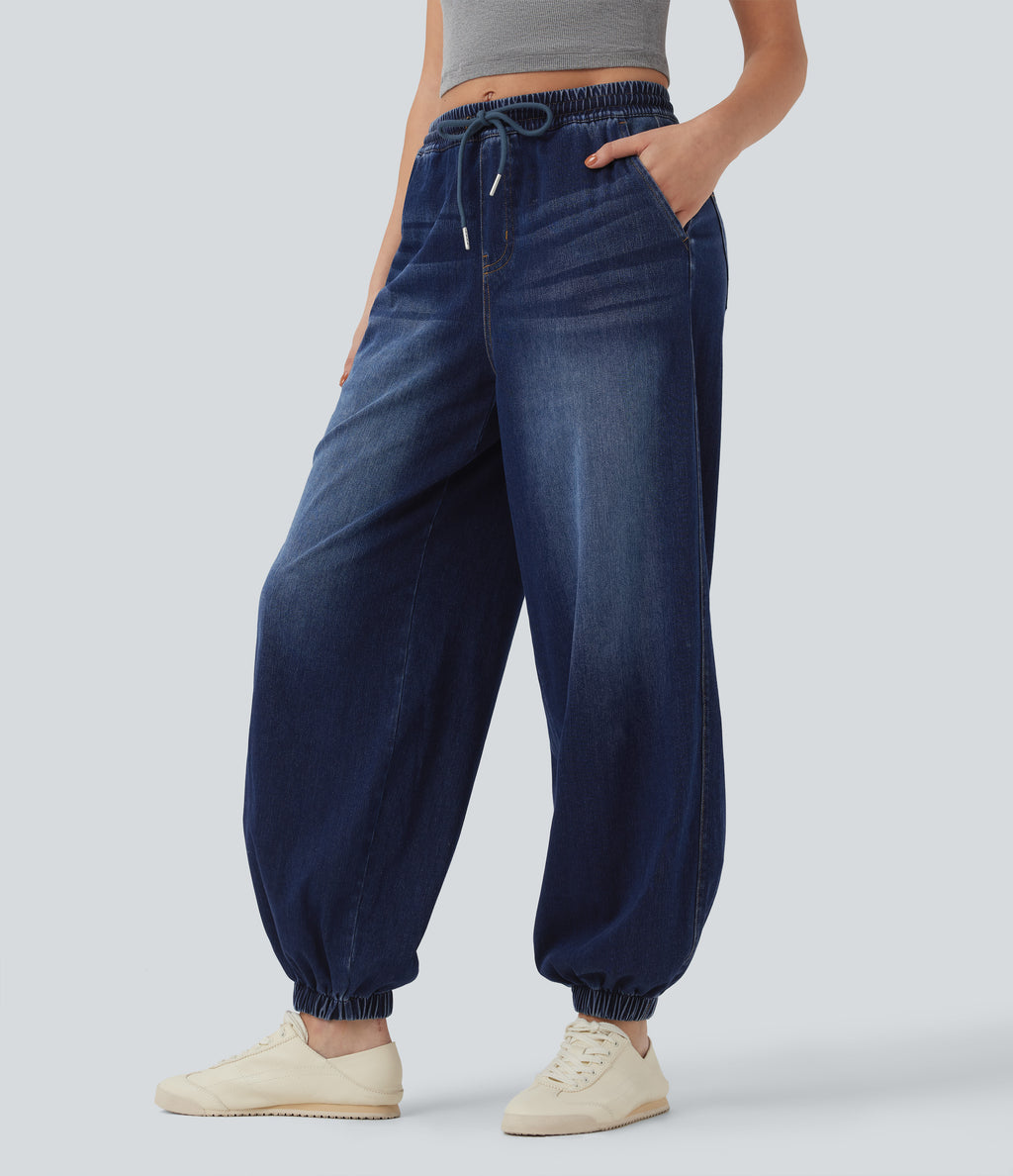 Mid Rise Drawstring Casual Jogger Jeans with Pockets — Estate Blue Denim — view 2