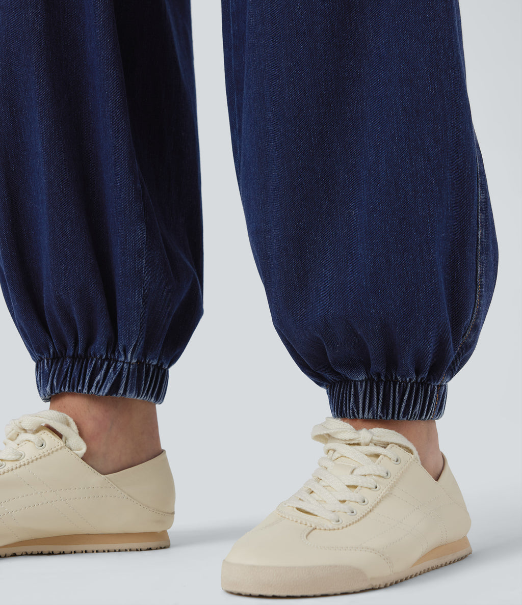 Mid Rise Drawstring Casual Jogger Jeans with Pockets — Estate Blue Denim — view 7