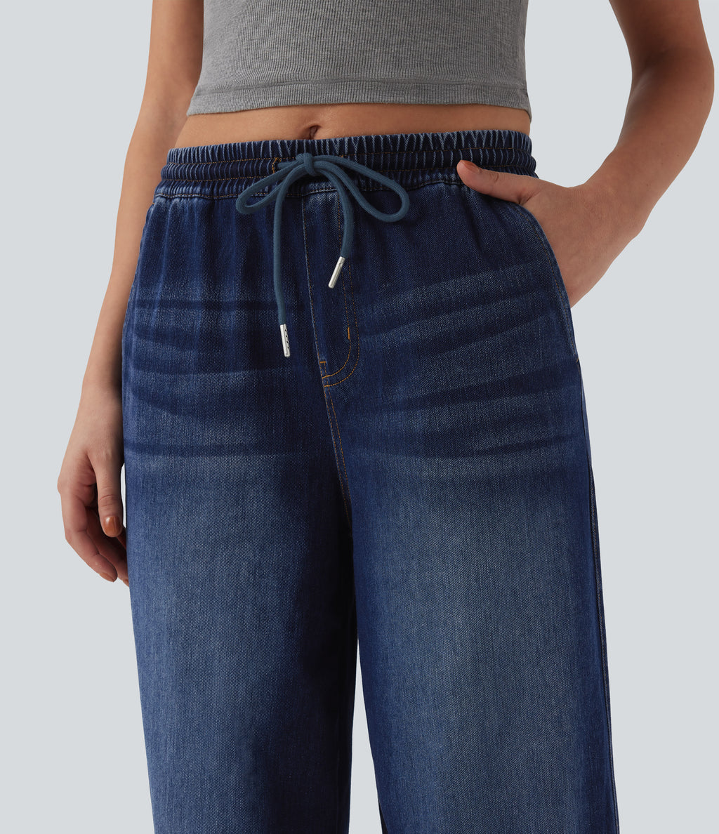 Mid Rise Drawstring Casual Jogger Jeans with Pockets — Estate Blue Denim — view 5