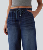 Mid Rise Drawstring Casual Jogger Jeans with Pockets — Estate Blue Denim — view 5