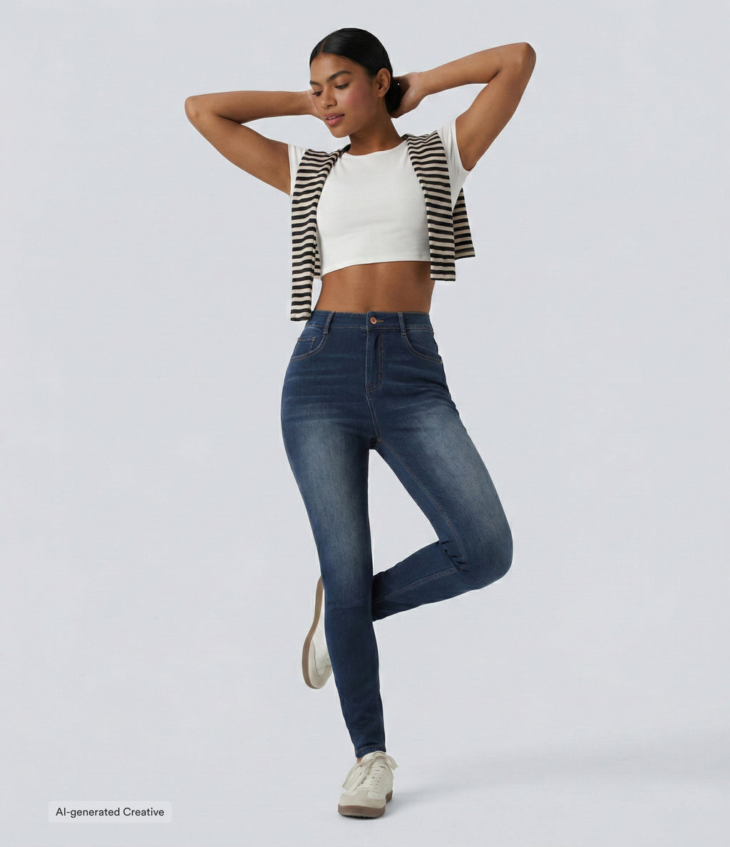 High Waisted Casual Skinny Jeans with Pockets — Pageant Blue Denim — view 3