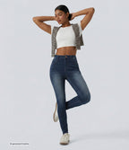 High Waisted Casual Skinny Jeans with Pockets — Pageant Blue Denim — view 3