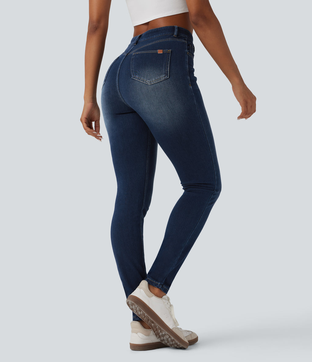 High Waisted Casual Skinny Jeans with Pockets — Pageant Blue Denim — view 2