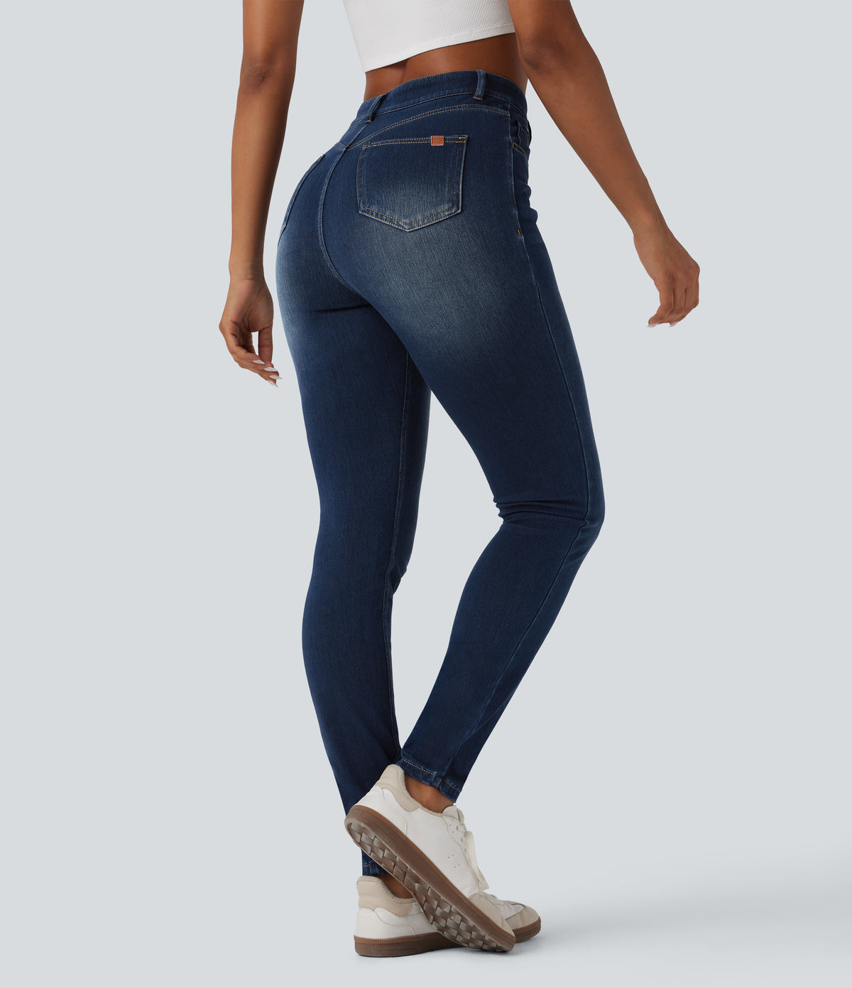 High Waisted Casual Skinny Jeans with Pockets — Pageant Blue Denim — view 2