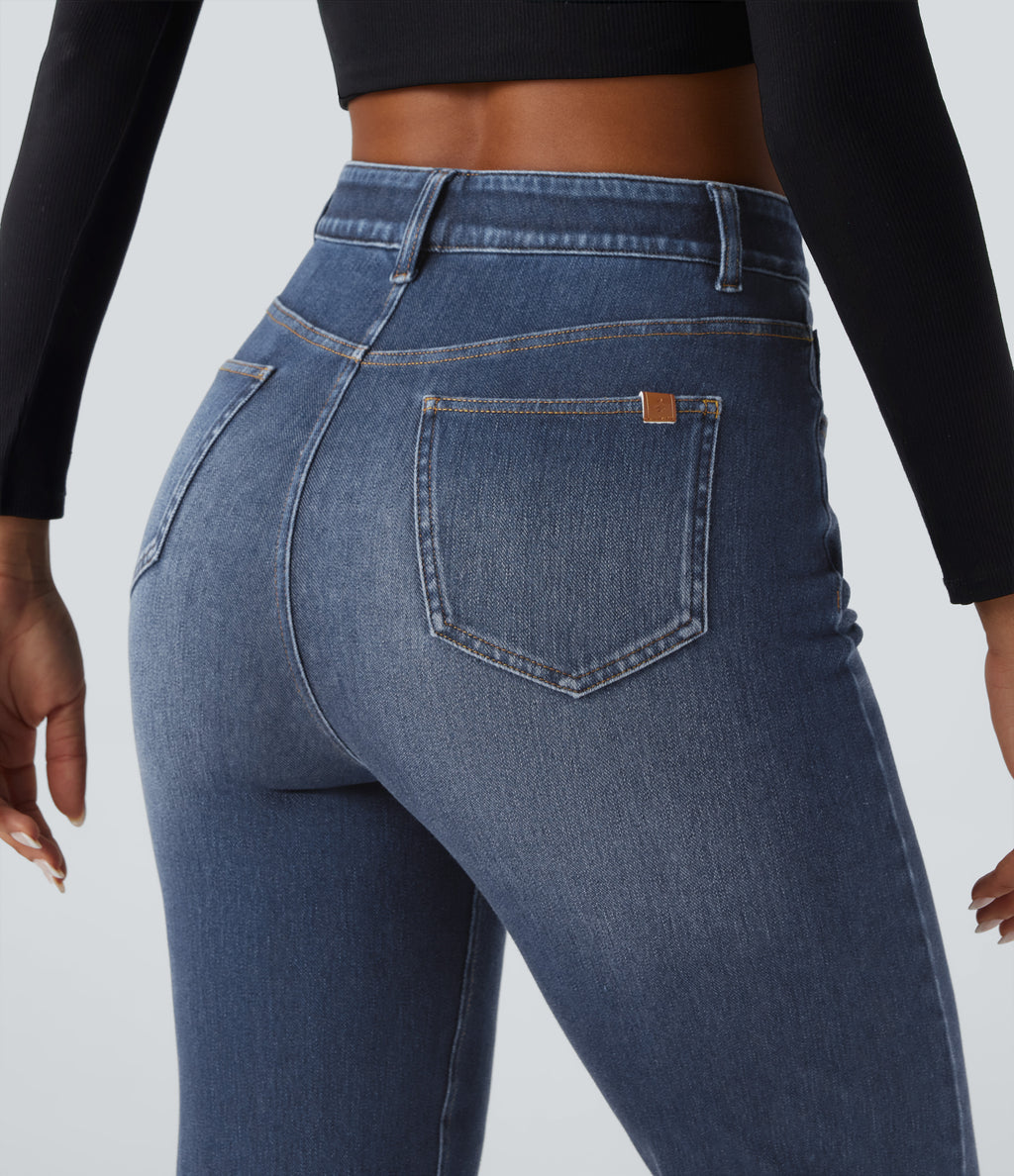 High Waisted Tummy Control Washed Casual Slim Jeans with Pockets — Blue Surf Denim — view 5