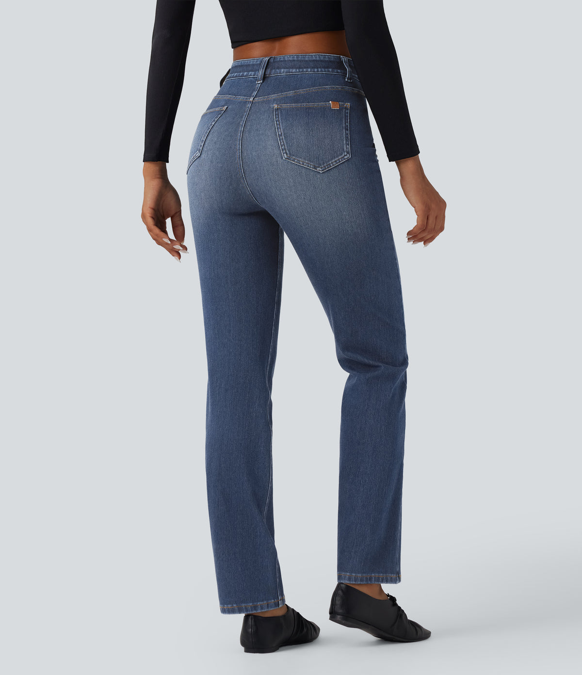 High Waisted Tummy Control Washed Casual Slim Jeans with Pockets — Blue Surf Denim — view 2