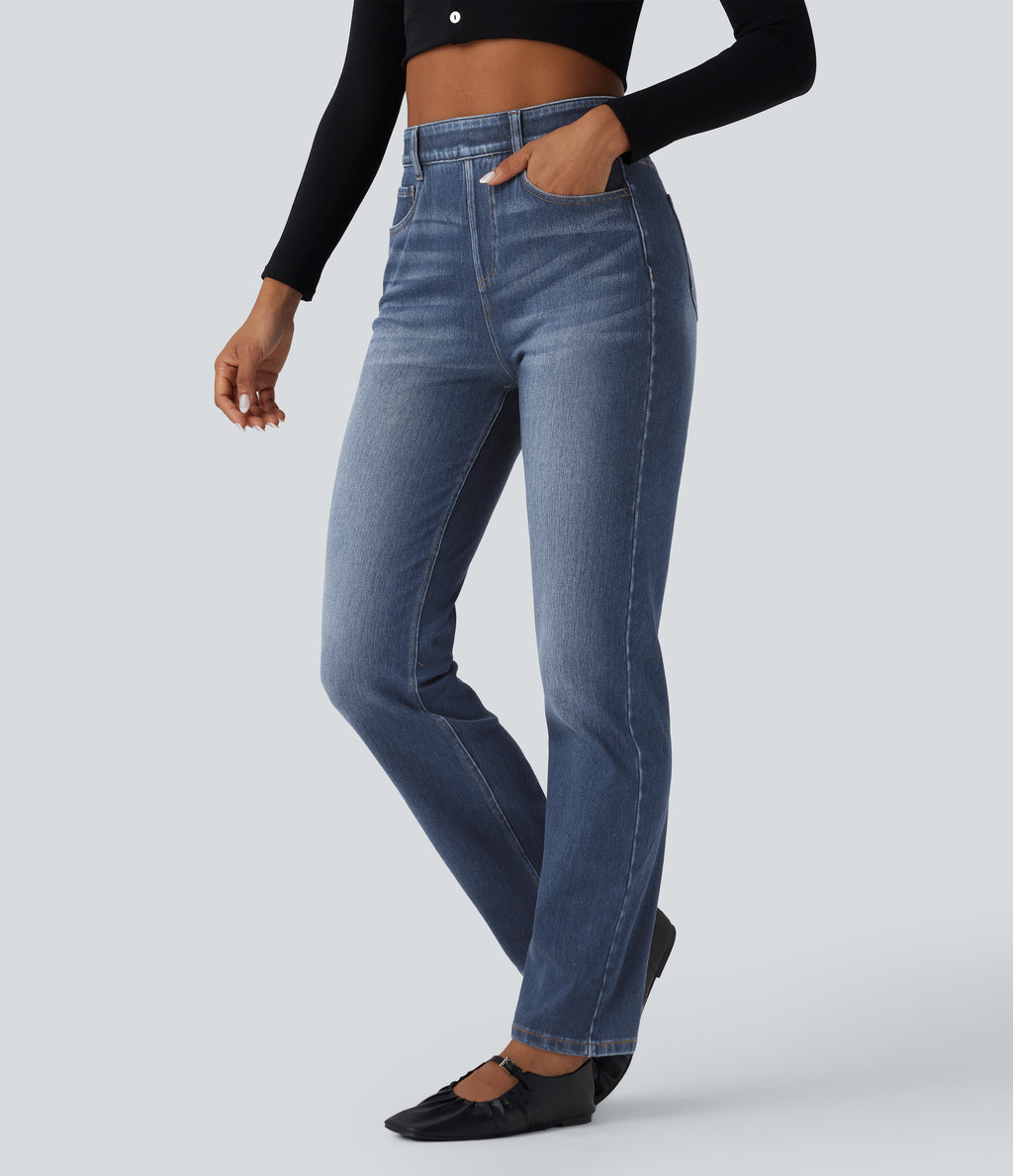 High Waisted Tummy Control Washed Casual Slim Jeans with Pockets — Blue Surf Denim — view 3