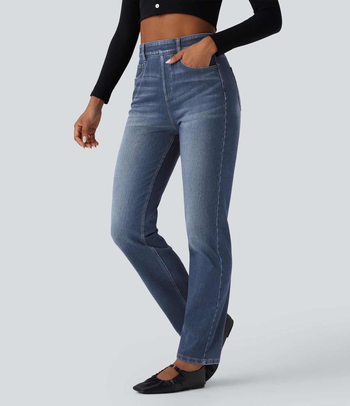 High Waisted Tummy Control Washed Casual Slim Jeans with Pockets — Blue Surf Denim — view 3