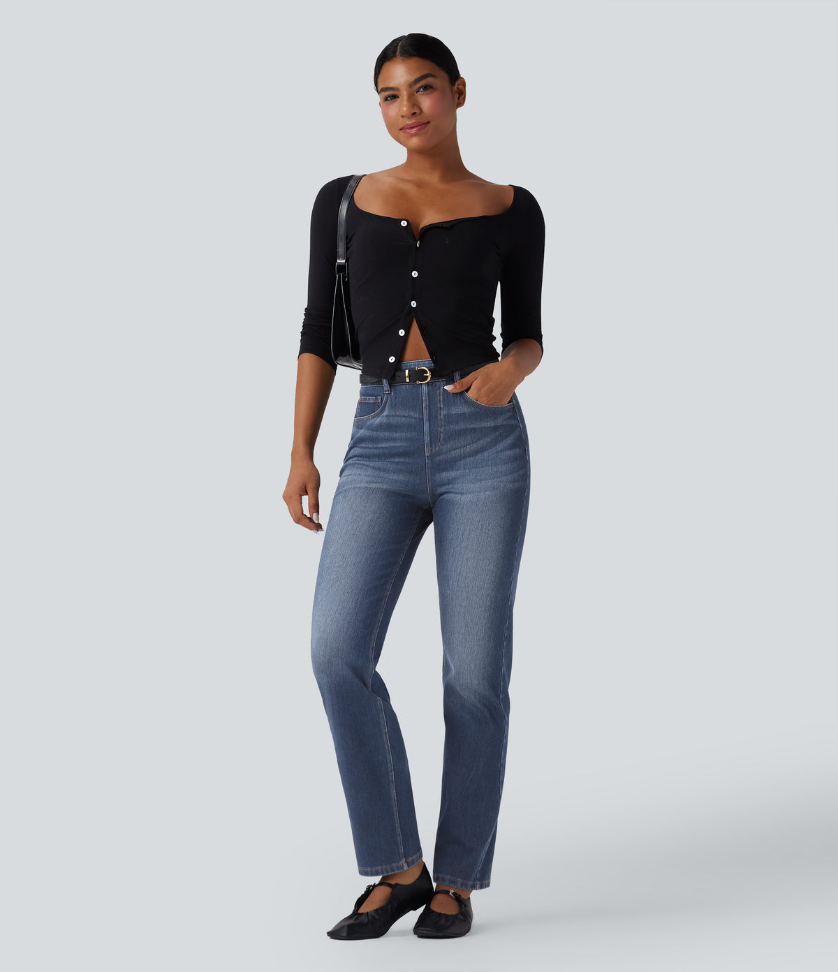 High Waisted Tummy Control Washed Casual Slim Jeans with Pockets — Blue Surf Denim — view 6