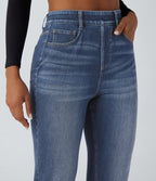 High Waisted Tummy Control Washed Casual Slim Jeans with Pockets — Blue Surf Denim — view 4