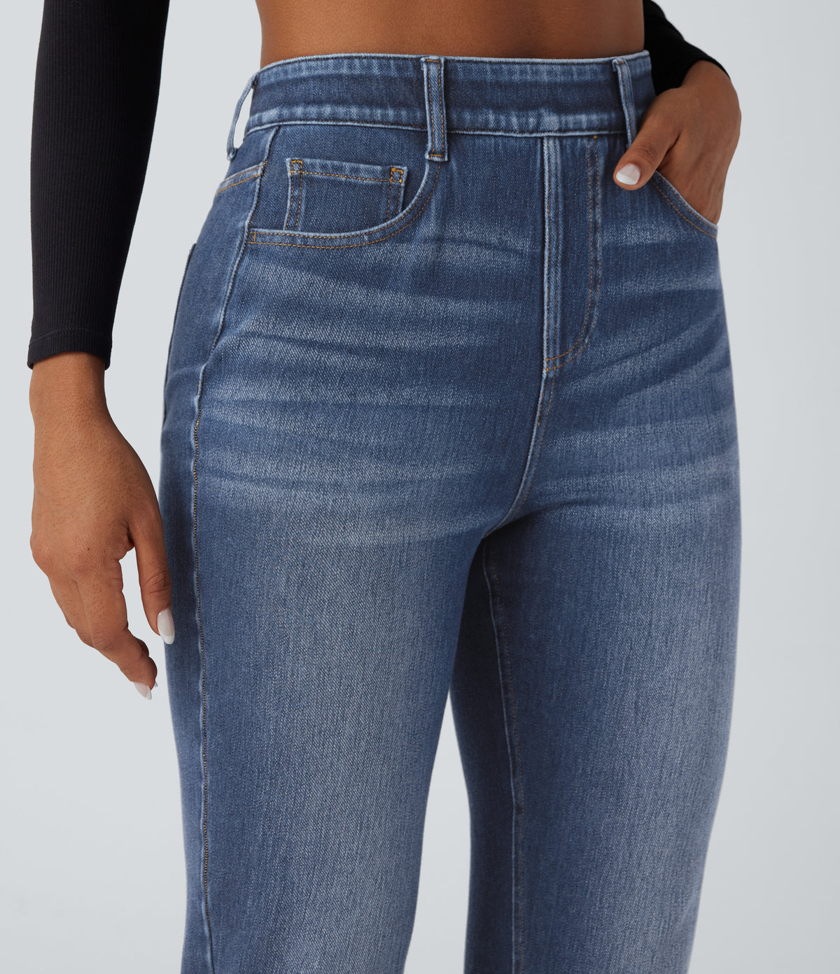 High Waisted Tummy Control Washed Casual Slim Jeans with Pockets — Blue Surf Denim — view 4