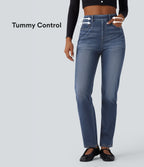 High Waisted Tummy Control Washed Casual Slim Jeans with Pockets — Blue Surf Denim — view 1