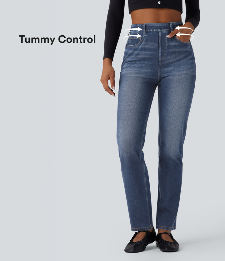 High Waisted Tummy Control Washed Casual Slim Jeans with Pockets — Blue Surf Denim — view 1