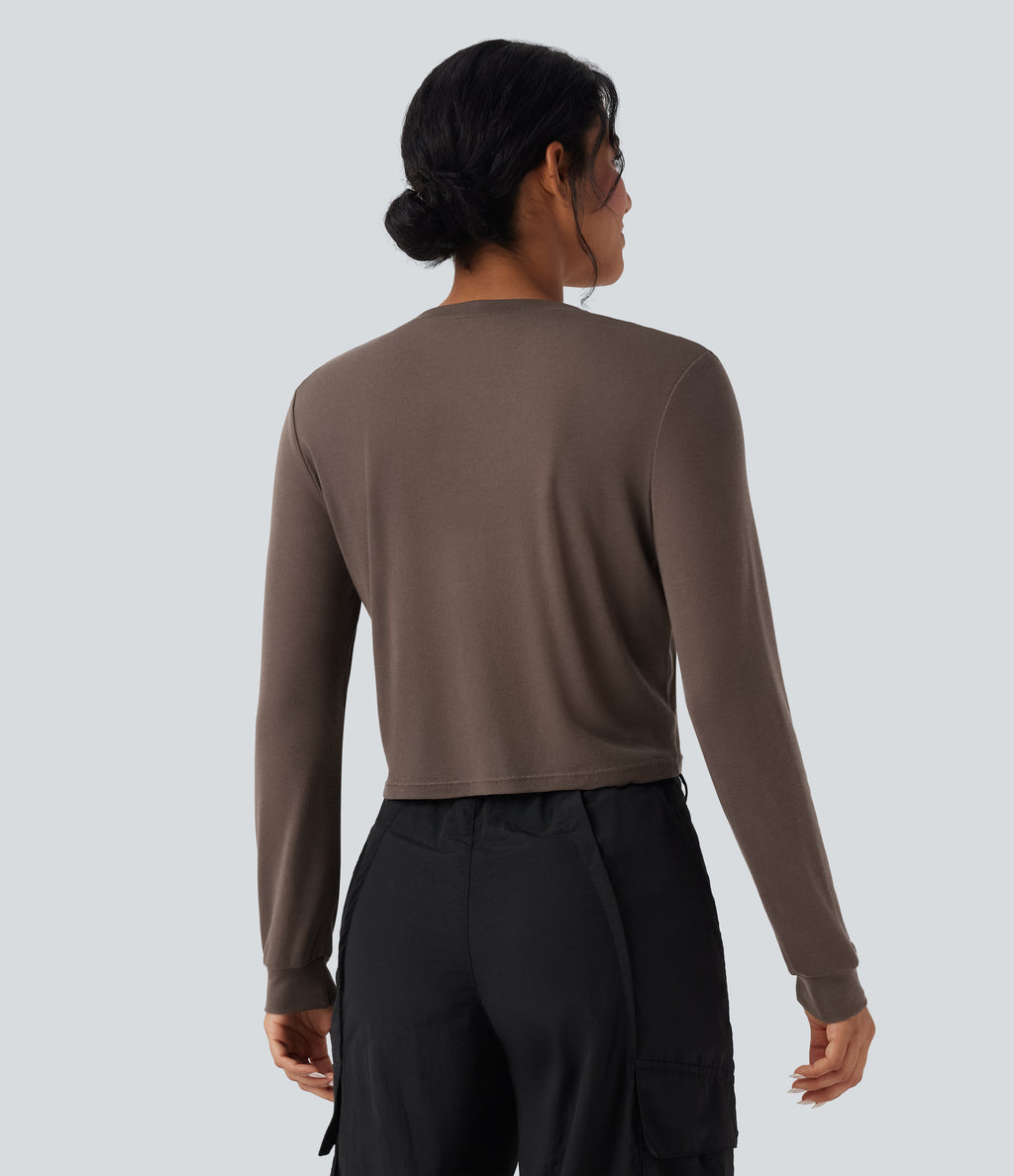 Round Neck Long Sleeve Casual Wool-Blend Top — Coffee Quartz — view 2