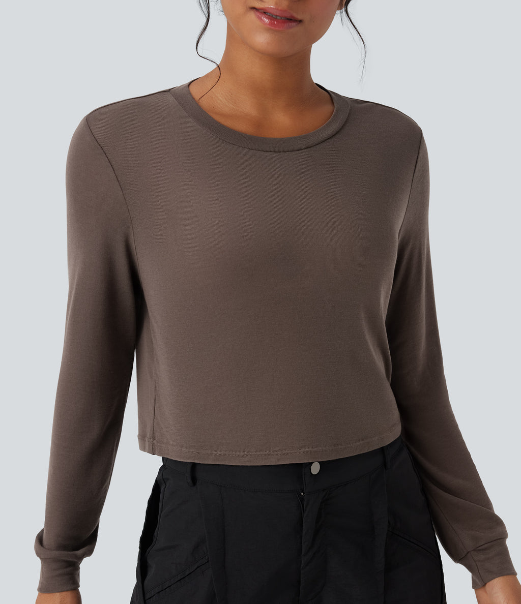 Round Neck Long Sleeve Casual Wool-Blend Top — Coffee Quartz — view 4