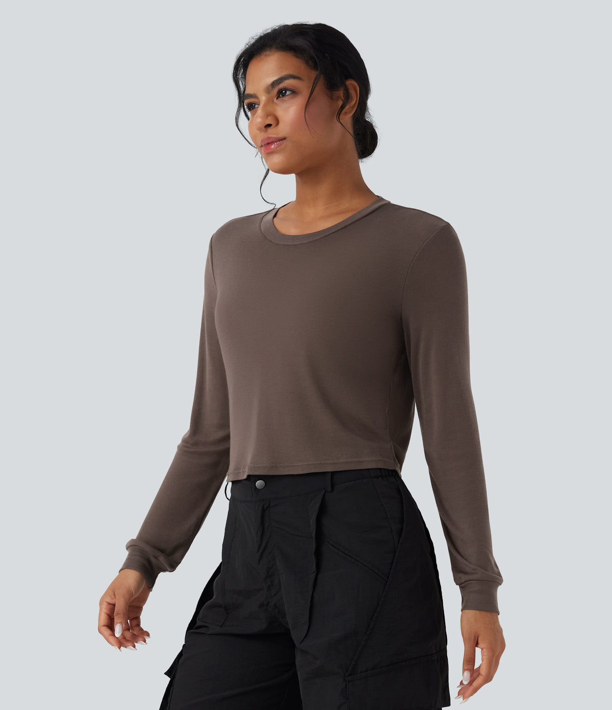 Round Neck Long Sleeve Casual Wool-Blend Top — Coffee Quartz — view 3