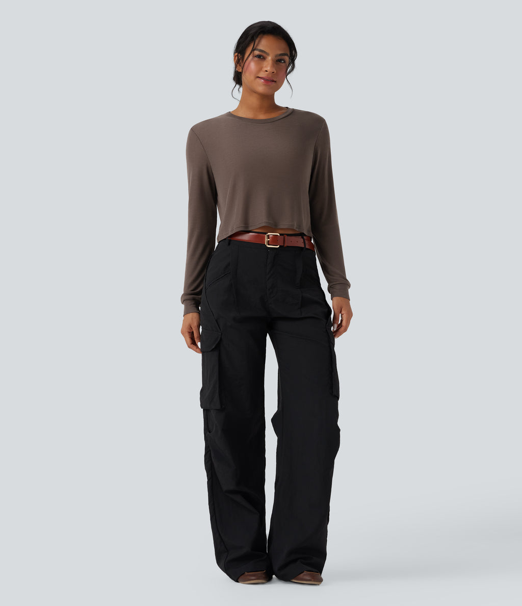 Round Neck Long Sleeve Casual Wool-Blend Top — Coffee Quartz — view 5